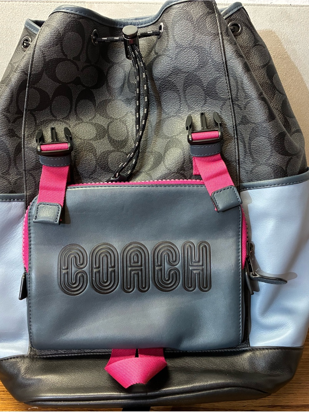 Coach Black, Navy & Pink Drawstring Logo Backpack